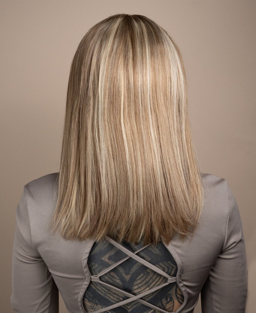 long bob with fringe Synthetic Hair wig - 16" blonde highlights. - Wigtrends