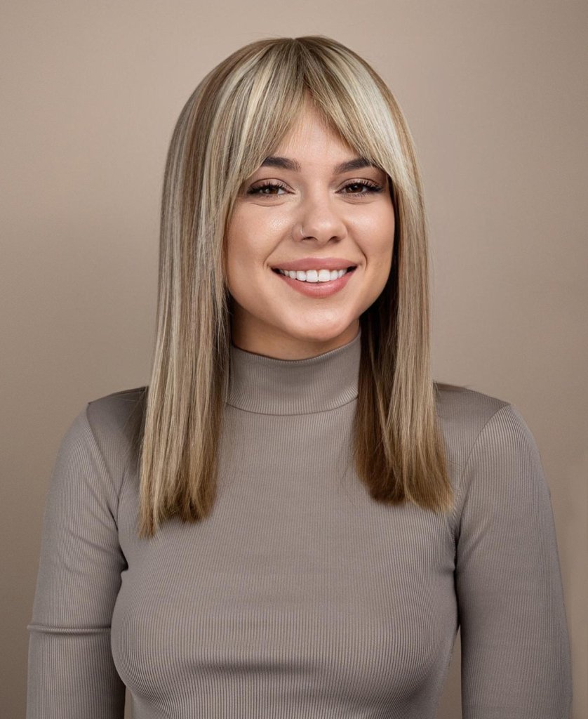 long bob with fringe Synthetic Hair wig - 16" blonde highlights. - Wigtrends