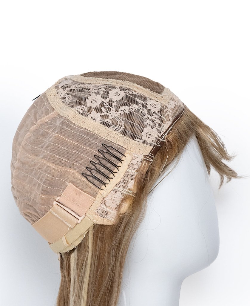 long bob with fringe Synthetic Hair wig - 16" blonde highlights. - Wigtrends