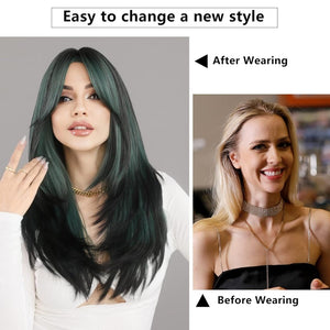 Long Natural Black Wig with Bangs Straight 100%Human Hair Wigs - Wigtrends