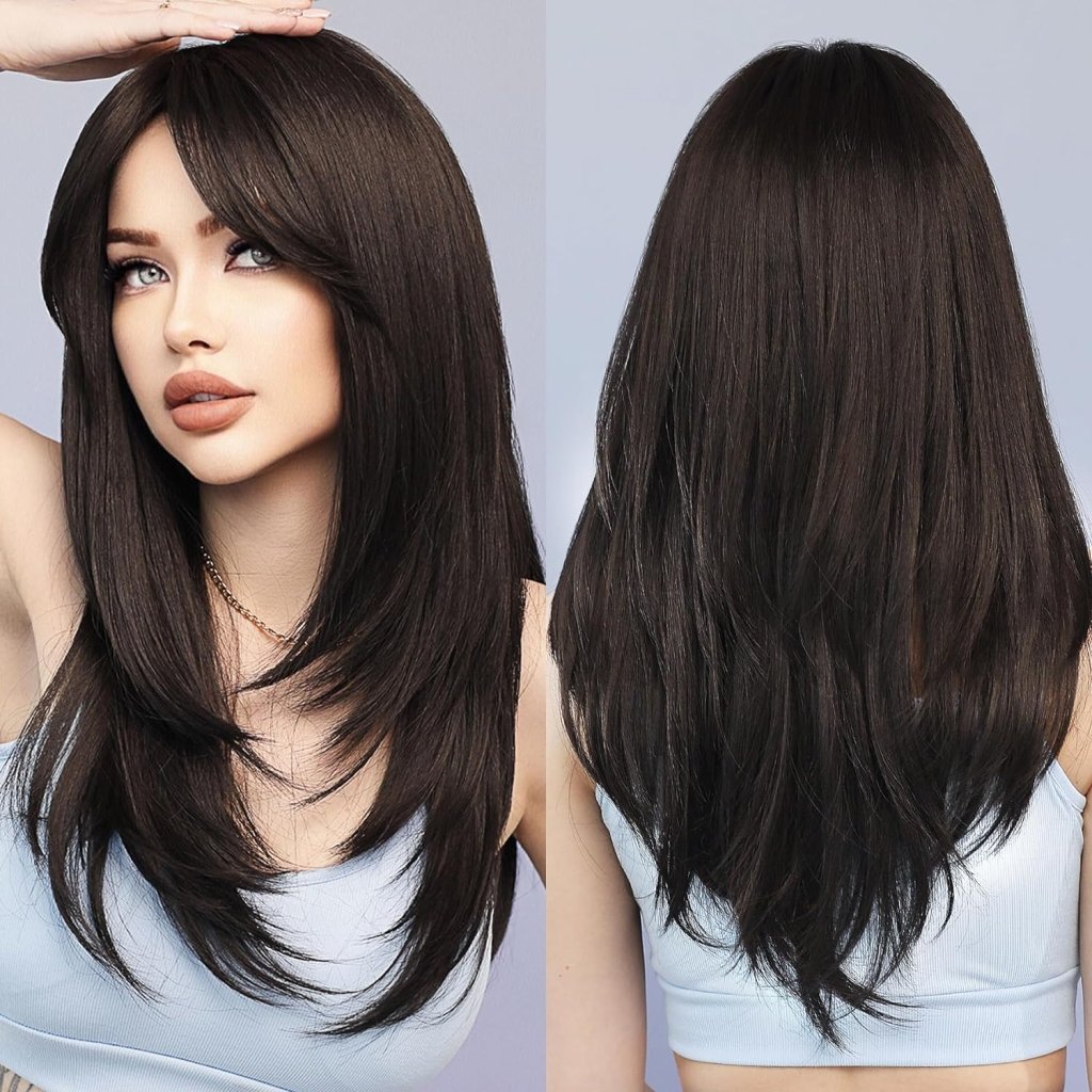 Long Natural Black Wig with Bangs Straight 100%Human Hair Wigs - Wigtrends