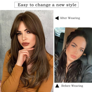 Long Natural Black Wig with Bangs Straight 100%Human Hair Wigs - Wigtrends