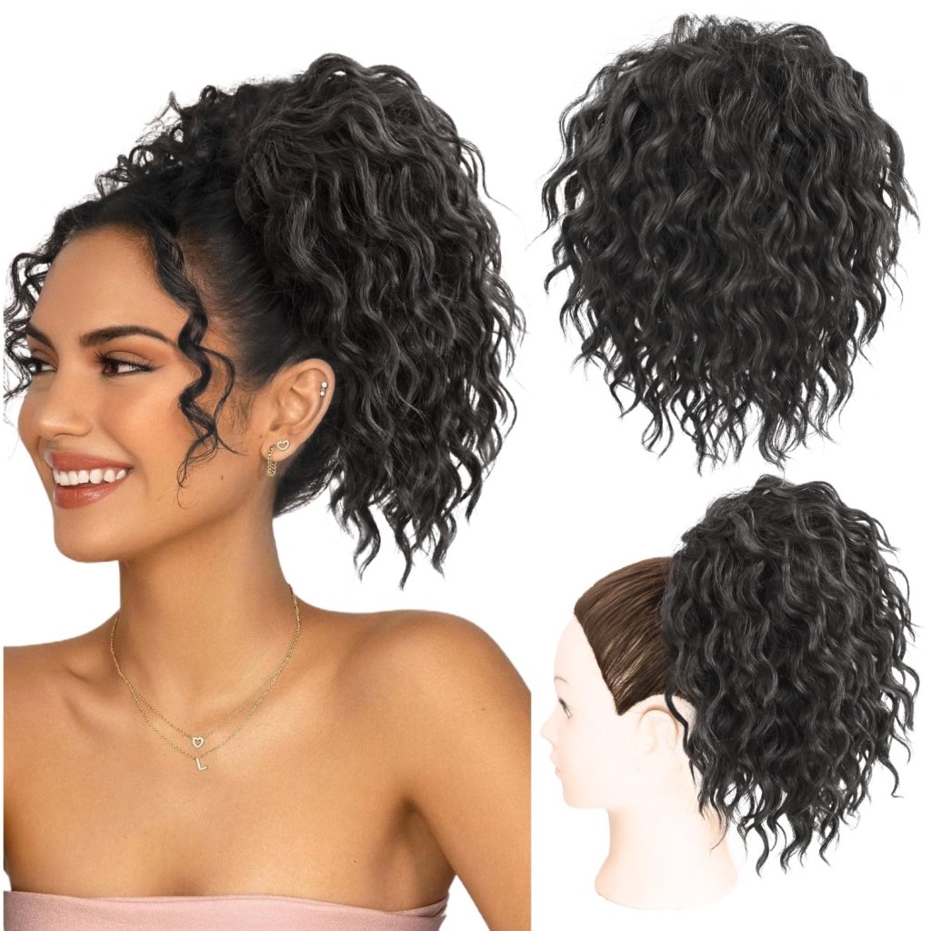 Messy Updo Piece Yaki Textured Wavy Curly Human Hair Bundle Short Drawstring Ponytail Braid Extensions Headband - Wigtrends