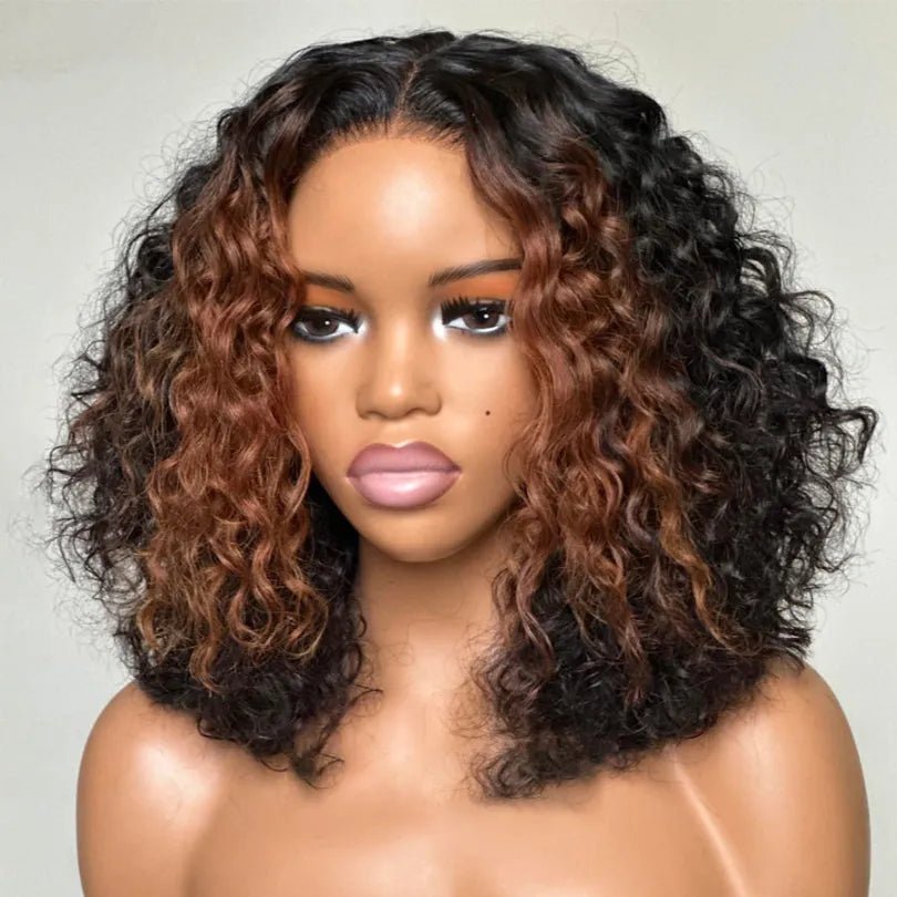 Mid-part Fluffy Curly Wigs Brown Highlights Human Hair - Wigtrends
