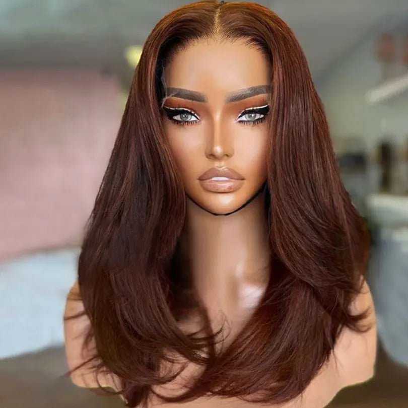 Middle Part Layered Wavy Auburn Brown Lace Front Wigs - Wigtrends