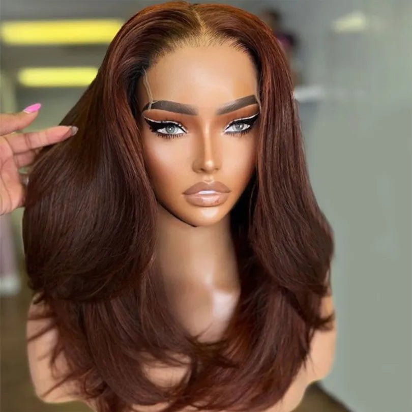 Middle Part Layered Wavy Auburn Brown Lace Front Wigs - Wigtrends