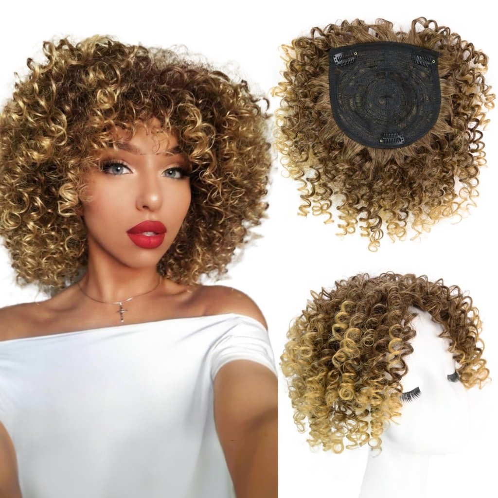 Natural Afro Kinky Curly Short Hair Toppers with Bangs Black Clip in human hair Wiglets Hair Pieces - Wigtrends