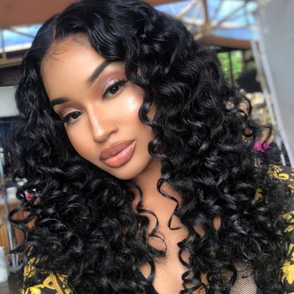 Natural Black 13*4 Lace Front Wigs Mid-part Curly Human Hair - Wigtrends
