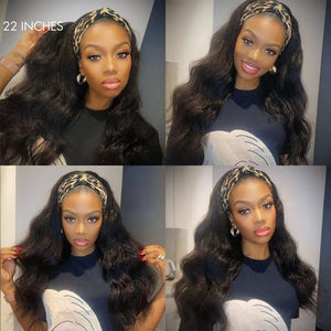 Natural Black Body Wave No Lace Glueless Long Headband Wig 100% Human Hair - Wigtrends
