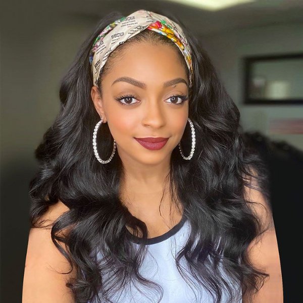Natural Black Body Wave No Lace Glueless Long Headband Wig 100% Human Hair - Wigtrends
