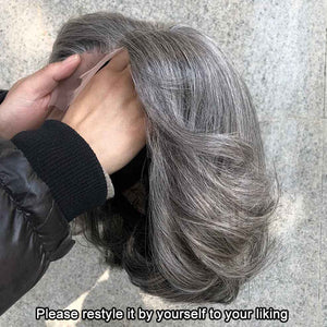 Natural Straight Wavy Gray Bob Wigs Real Human Hair 4x4 Lace Wigs Salt & Pepper Color - Wigtrends