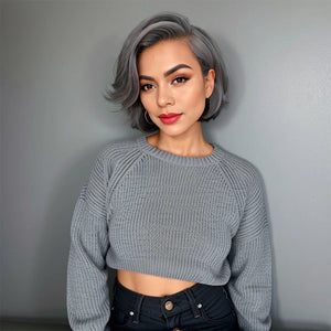 Natural Straight Wavy Gray Bob Wigs Real Human Hair 4x4 Lace Wigs Salt & Pepper Color - Wigtrends