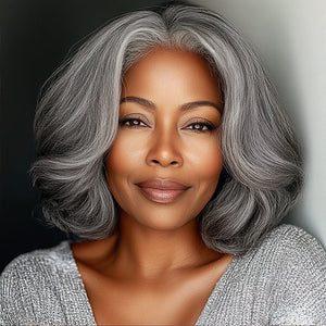 Natural Straight Wavy Gray Bob Wigs Real Human Hair 4x4 Lace Wigs Salt & Pepper Color - Wigtrends