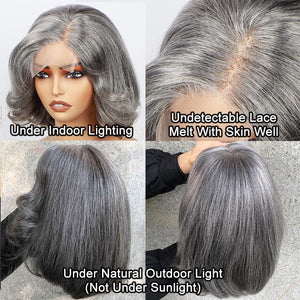 Natural Straight Wavy Gray Bob Wigs Real Human Hair 4x4 Lace Wigs Salt & Pepper Color - Wigtrends
