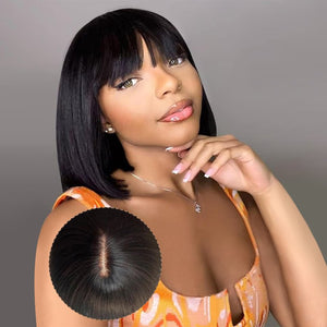 Nature Glueless Natural Black Yaki Straight Bob With Bangs Wig 100% Human Hair Wigs - Wigtrends