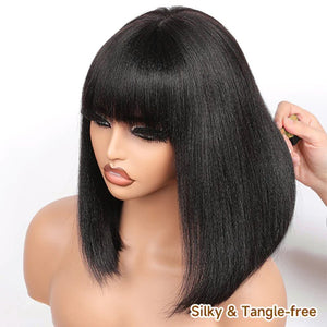 Nature Glueless Natural Black Yaki Straight Bob With Bangs Wig 100% Human Hair Wigs - Wigtrends