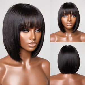 Nature Glueless Natural Black Yaki Straight Bob With Bangs Wig 100% Human Hair Wigs - Wigtrends