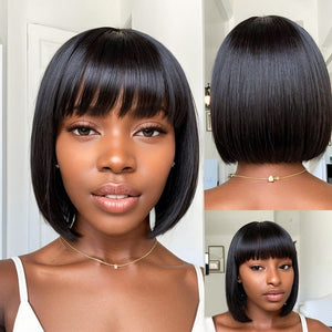 Nature Glueless Natural Black Yaki Straight Bob With Bangs Wig 100% Human Hair Wigs - Wigtrends