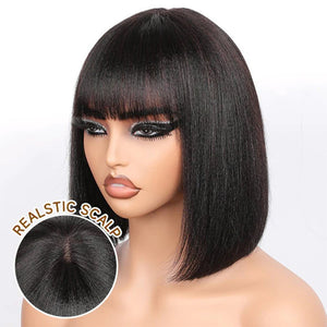 Nature Glueless Natural Black Yaki Straight Bob With Bangs Wig 100% Human Hair Wigs - Wigtrends