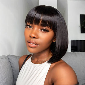 Nature Glueless Natural Black Yaki Straight Bob With Bangs Wig 100% Human Hair Wigs - Wigtrends