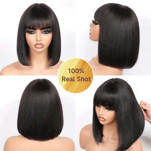 Nature Glueless Natural Black Yaki Straight Bob With Bangs Wig 100% Human Hair Wigs - Wigtrends