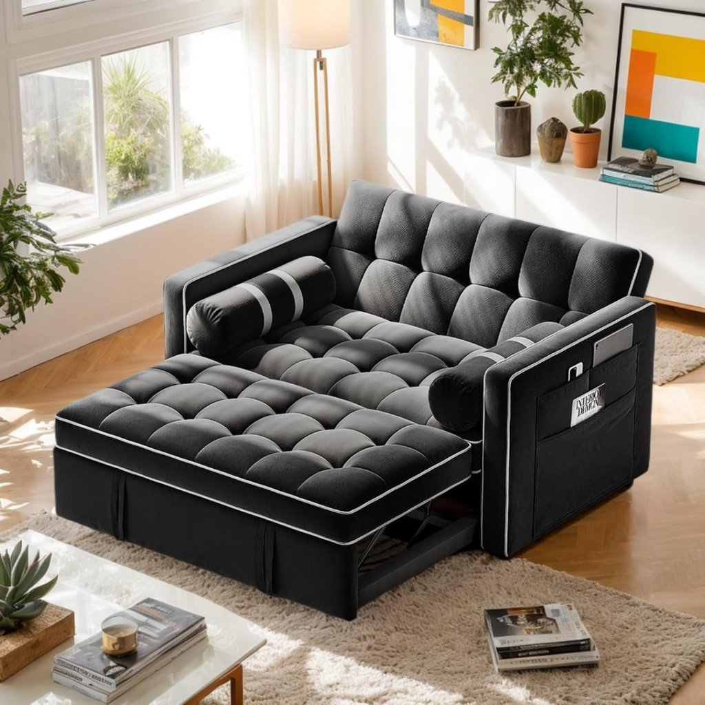 Pipishell 3 in 1 Convertible Sleeper Sofa Bed,Pull Out Couch for Living Room with USB Ports & Side Pockets,Adjustable Backrest,Velvet,Loveseat Sofa Bed,Futon Couches,Black - Wigtrends