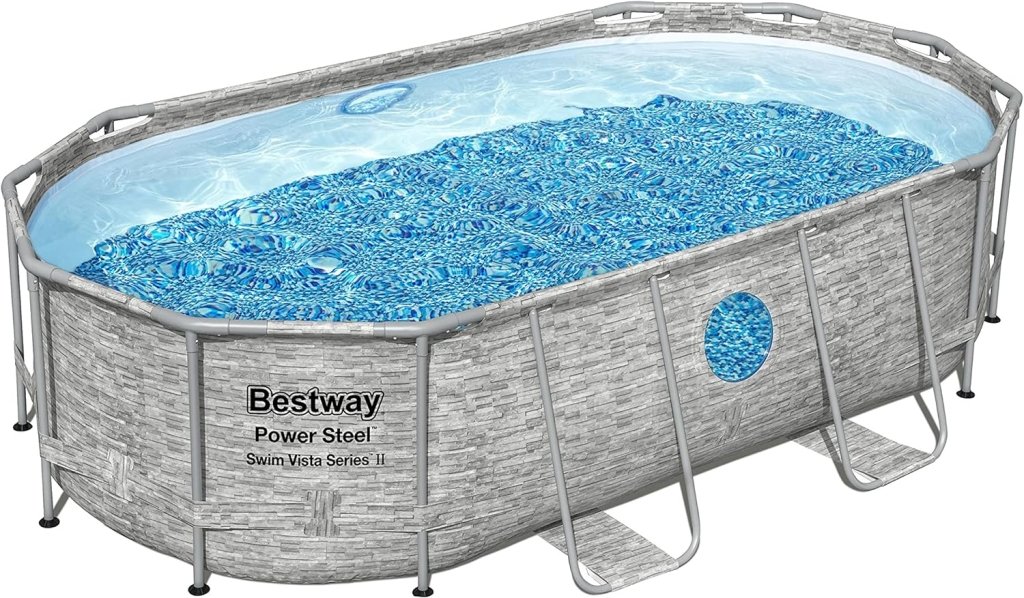 Power Steel 14' x 8'2" x 39.5" Oval Above Ground Pool Set | Includes 530gal Filter Pump, Ladder, ChemConnect Dispener - Wigtrends