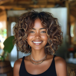 Put On & Go Short Blonde Highlights Curly Bob Wig - Wigtrends