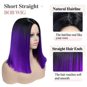 Quick Wig Ombre Wig Short Straight Bob Wig Black to Grey Wig Colorful Wigs for Girls and Women Shoulder Length Synthetic Halloween Cosplay Party Wigs 14 Inches - Wigtrends