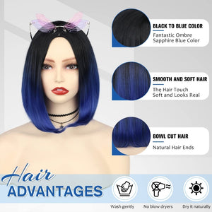 Quick Wig Ombre Wig Short Straight Bob Wig Black to Grey Wig Colorful Wigs for Girls and Women Shoulder Length Synthetic Halloween Cosplay Party Wigs 14 Inches - Wigtrends