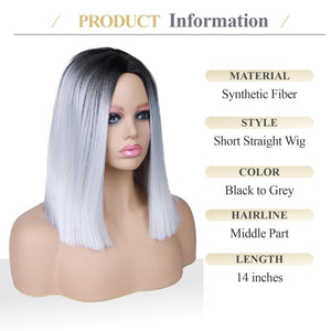 Quick Wig Ombre Wig Short Straight Bob Wig Black to Grey Wig Colorful Wigs for Girls and Women Shoulder Length Synthetic Halloween Cosplay Party Wigs 14 Inches - Wigtrends