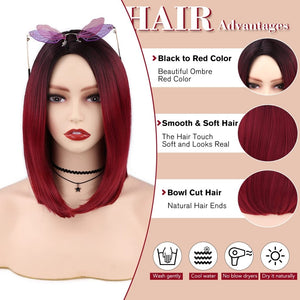 Quick Wig Ombre Wig Short Straight Bob Wig Black to Grey Wig Colorful Wigs for Girls and Women Shoulder Length Synthetic Halloween Cosplay Party Wigs 14 Inches - Wigtrends