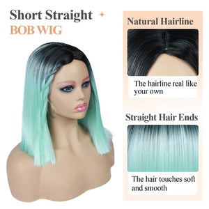 Quick Wig Ombre Wig Short Straight Bob Wig Black to Grey Wig Colorful Wigs for Girls and Women Shoulder Length Synthetic Halloween Cosplay Party Wigs 14 Inches - Wigtrends