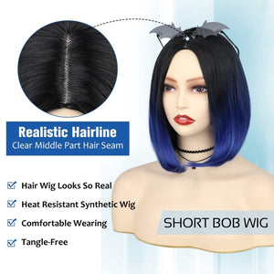 Quick Wig Ombre Wig Short Straight Bob Wig Black to Grey Wig Colorful Wigs for Girls and Women Shoulder Length Synthetic Halloween Cosplay Party Wigs 14 Inches - Wigtrends