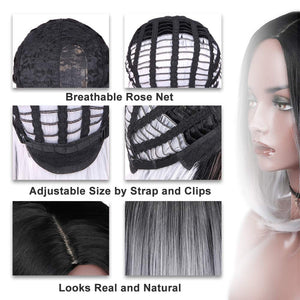 Quick Wig Ombre Wig Short Straight Bob Wig Black to Grey Wig Colorful Wigs for Girls and Women Shoulder Length Synthetic Halloween Cosplay Party Wigs 14 Inches - Wigtrends