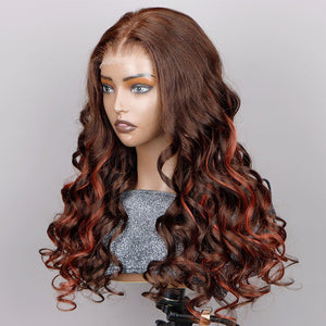 Red Copper Peekaboo Balayage Highlight Brown Wig Long Body Wave Hair Glueless 6x4 Pre Cut Pre Bleached Lace Wig - Wigtrends
