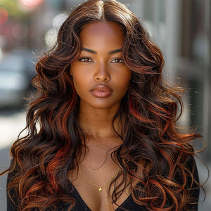 Red Copper Peekaboo Balayage Highlight Brown Wig Long Body Wave Hair Glueless 6x4 Pre Cut Pre Bleached Lace Wig - Wigtrends