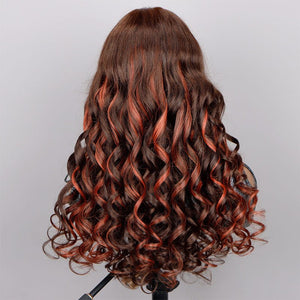 Red Copper Peekaboo Balayage Highlight Brown Wig Long Body Wave Hair Glueless 6x4 Pre Cut Pre Bleached Lace Wig - Wigtrends