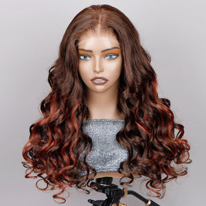 Red Copper Peekaboo Balayage Highlight Brown Wig Long Body Wave Hair Glueless 6x4 Pre Cut Pre Bleached Lace Wig - Wigtrends