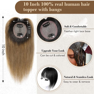 REECHO Hair Toppers for Women Real Human Hair, 10 inch Hair Toppers with Bangs, Hair Topper for Women with Thinning Hair, Dark Grey - Wigtrends