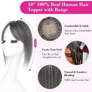REECHO Hair Toppers for Women Real Human Hair, 10 inch Hair Toppers with Bangs, Hair Topper for Women with Thinning Hair, Dark Grey - Wigtrends