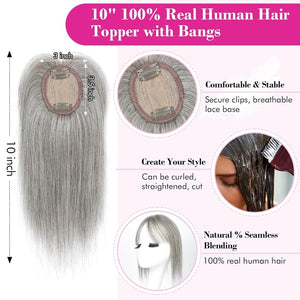 REECHO Hair Toppers for Women Real Human Hair, 10 inch Hair Toppers with Bangs, Hair Topper for Women with Thinning Hair, Dark Grey - Wigtrends