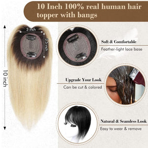REECHO Hair Toppers for Women Real Human Hair, 10 inch Hair Toppers with Bangs, Hair Topper for Women with Thinning Hair, Dark Grey - Wigtrends