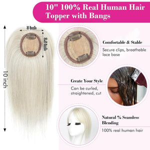 REECHO Hair Toppers for Women Real Human Hair, 10 inch Hair Toppers with Bangs, Hair Topper for Women with Thinning Hair, Dark Grey - Wigtrends