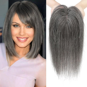 REECHO Hair Toppers for Women Real Human Hair, 10 inch Hair Toppers with Bangs, Hair Topper for Women with Thinning Hair, Dark Grey - Wigtrends