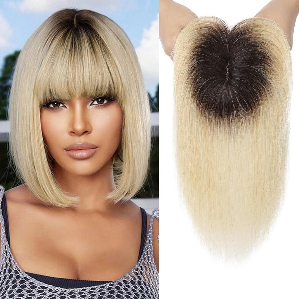 REECHO Hair Toppers for Women Real Human Hair, 10 inch Hair Toppers with Bangs, Hair Topper for Women with Thinning Hair, Dark Grey - Wigtrends