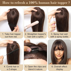 REECHO Hair Toppers for Women Real Human Hair, 10 inch Hair Toppers with Bangs, Hair Topper for Women with Thinning Hair, Dark Grey - Wigtrends