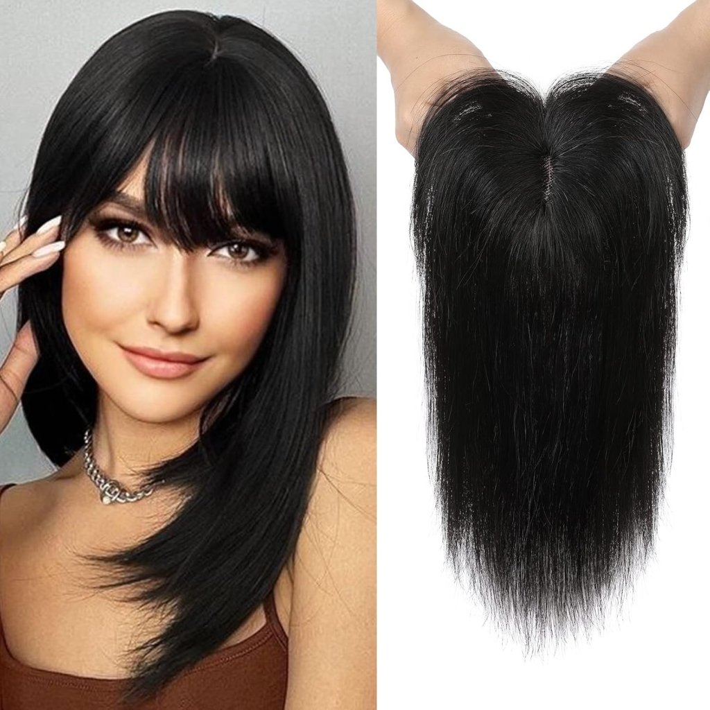 REECHO Hair Toppers for Women Real Human Hair, 10 inch Hair Toppers with Bangs, Hair Topper for Women with Thinning Hair, Dark Grey - Wigtrends