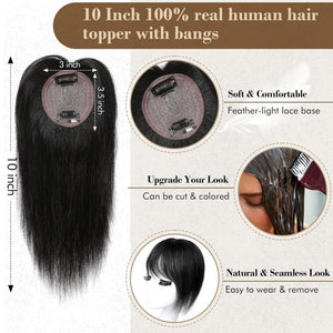 REECHO Hair Toppers for Women Real Human Hair, 10 inch Hair Toppers with Bangs, Hair Topper for Women with Thinning Hair, Dark Grey - Wigtrends