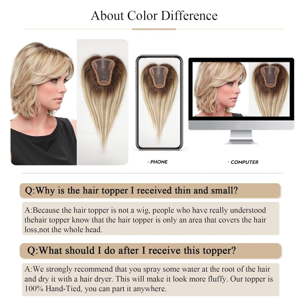 Remy Human Hair Toppers for Women Hand - Tied Hair Toppers with Swiss Lace Base 12in - Wigtrends